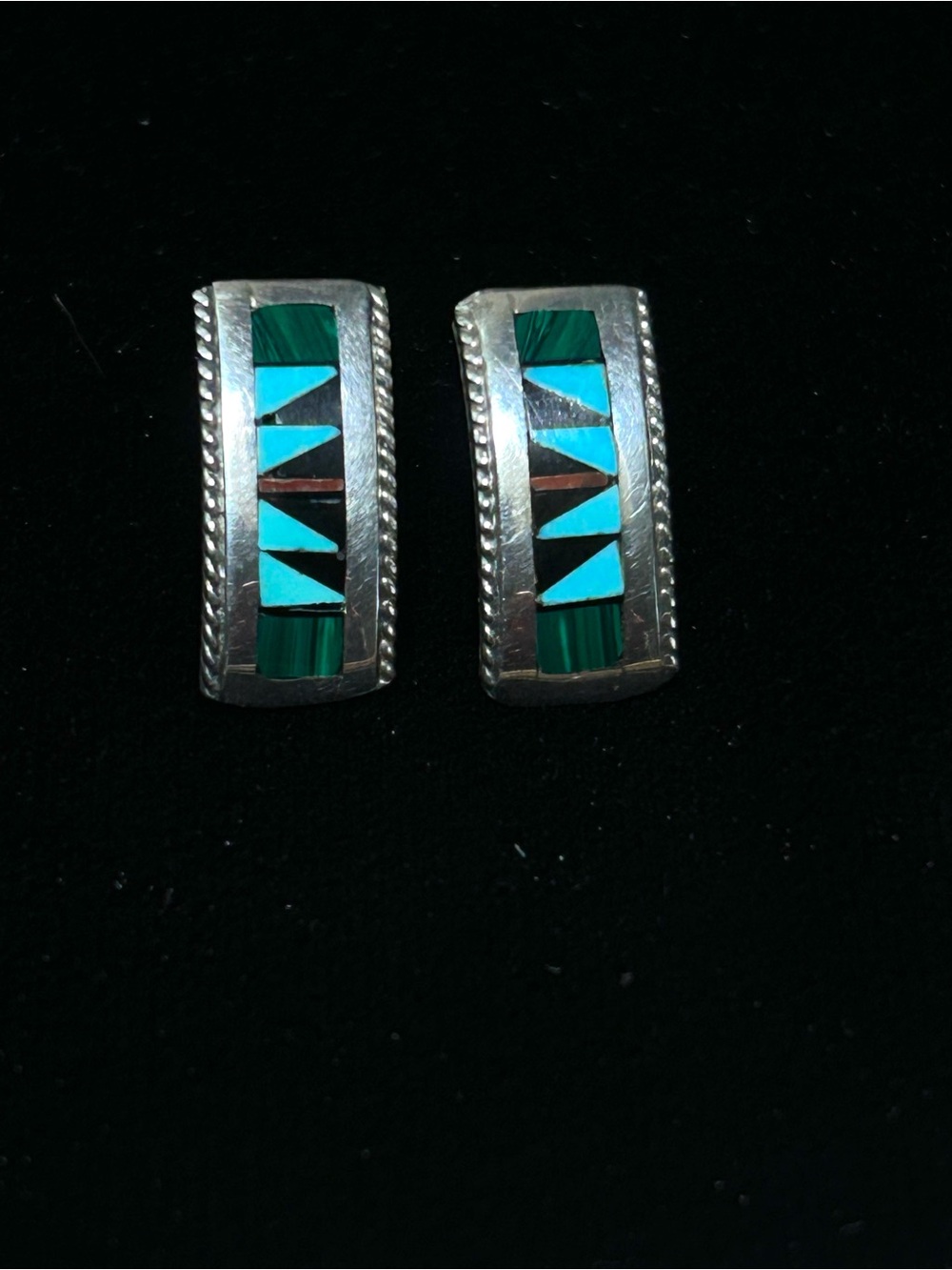 Zuni-Style Sterling Silver Inlay Turquoise and Malachite Earrings, Signed RT